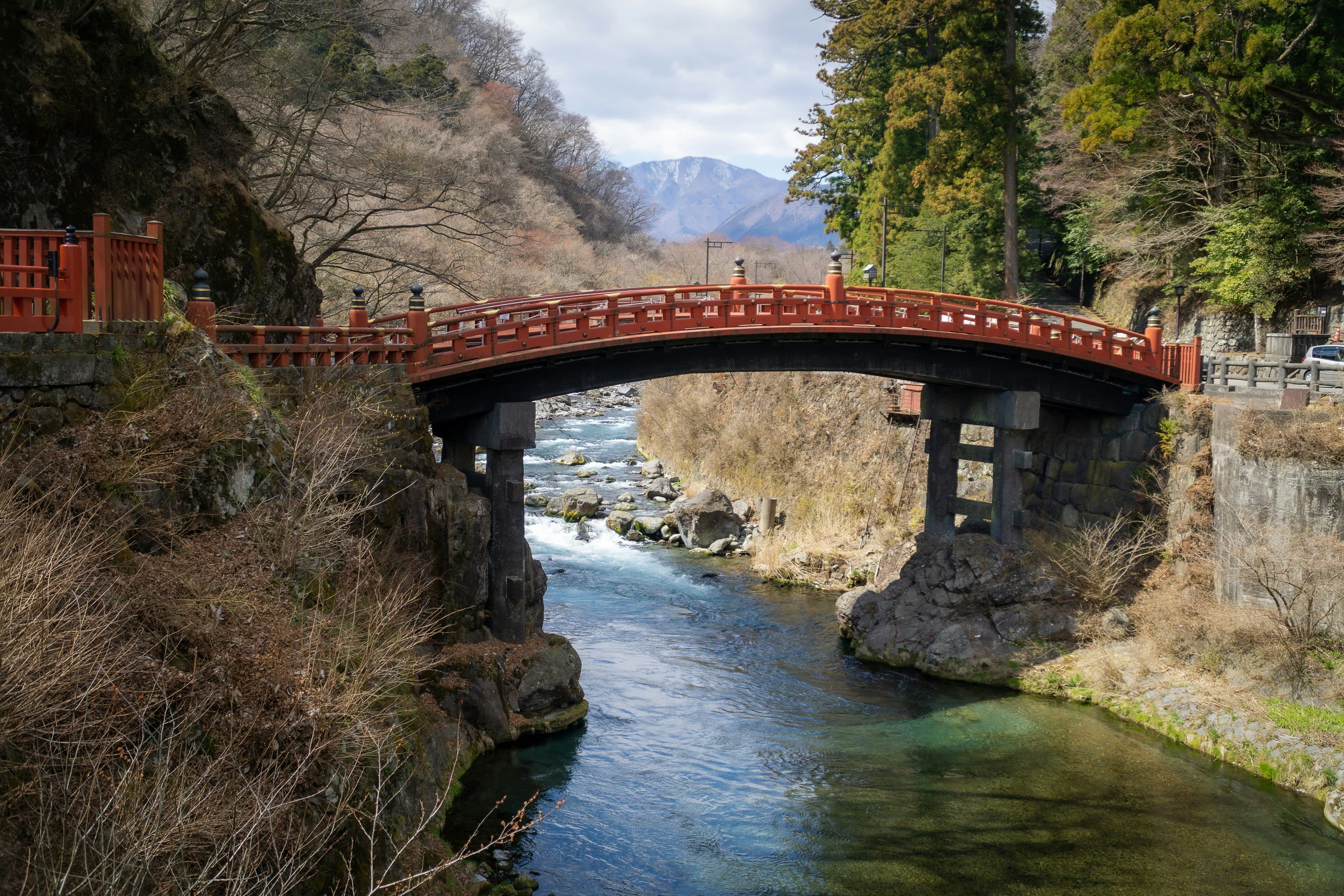 Bridge across river in forest in Nikko Japan