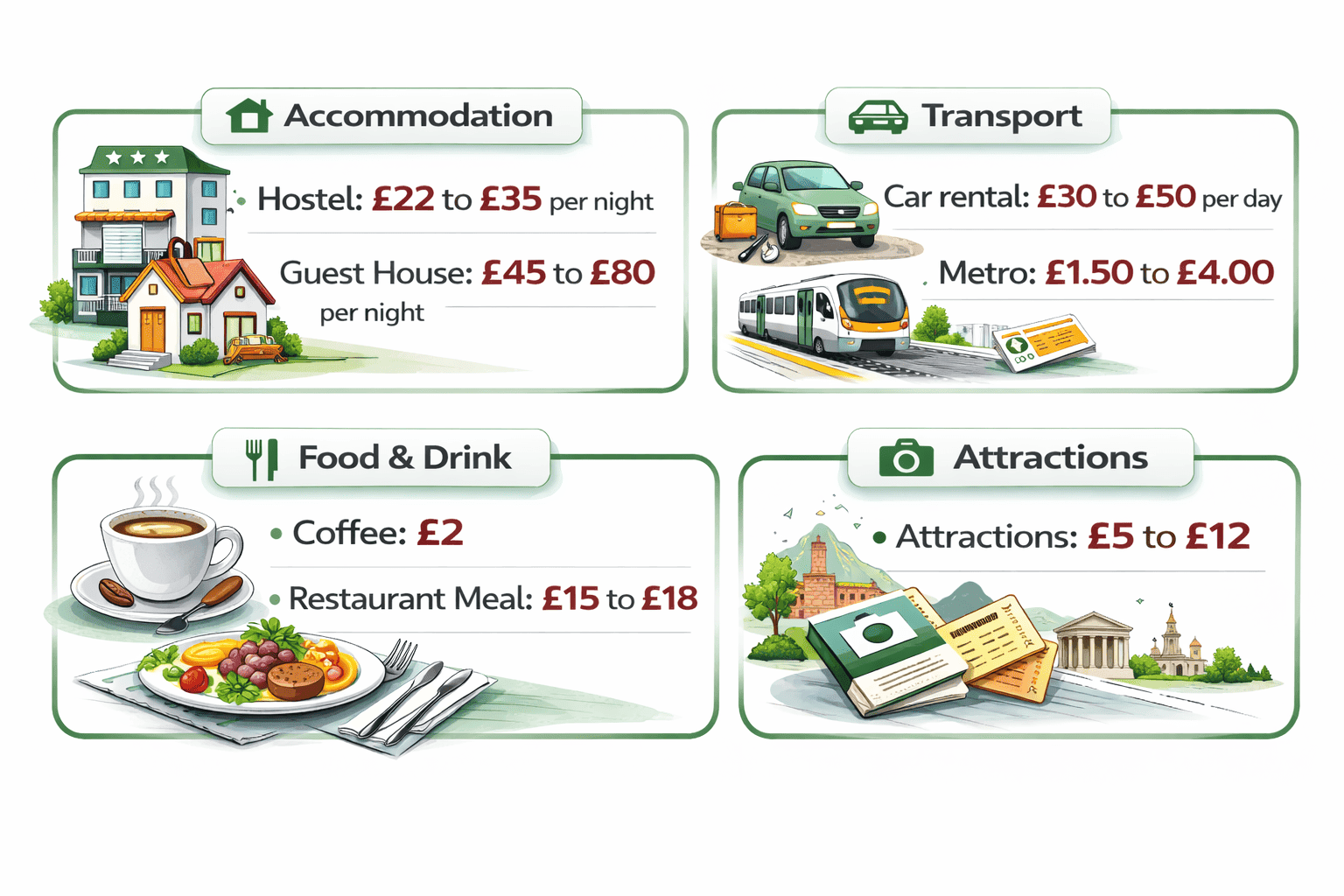 Illustrated infographic showing average travel costs in Portugal including accommodation, transport, food and attraction prices.
