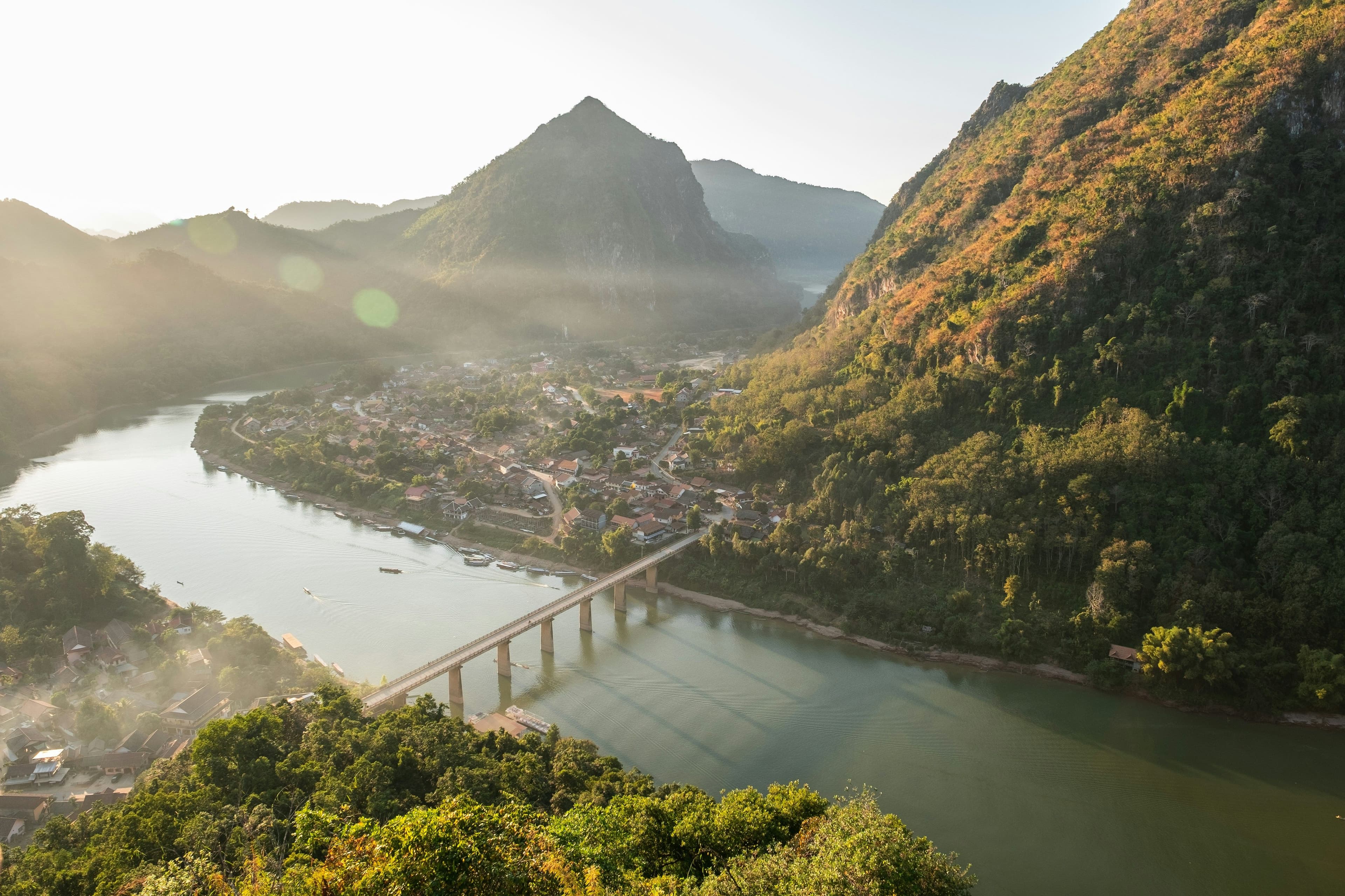 Aerial view of Nong Khiaw river with the bridge