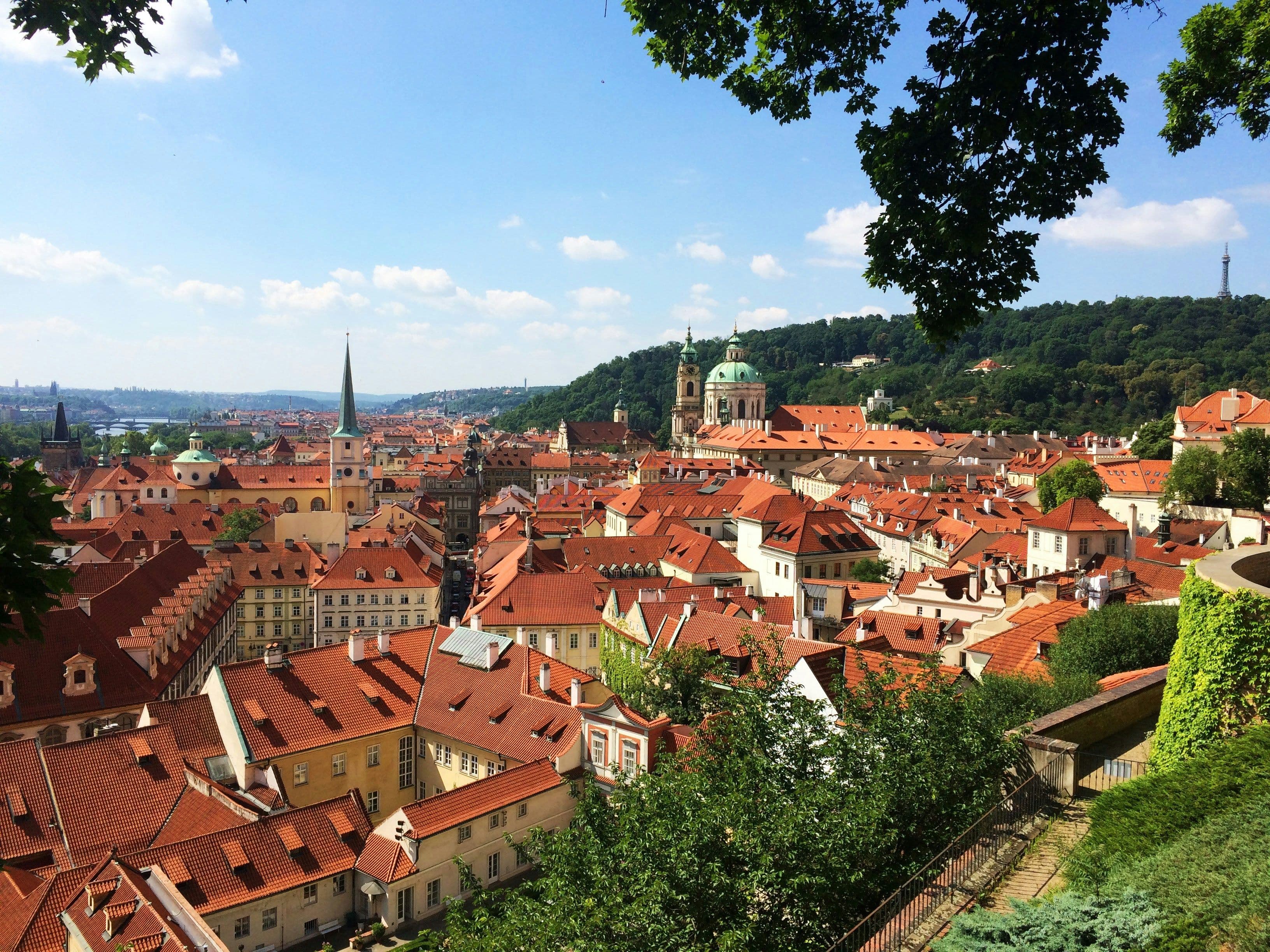 Aerial view of orange rooftop houses in the city of Prague on a clear day