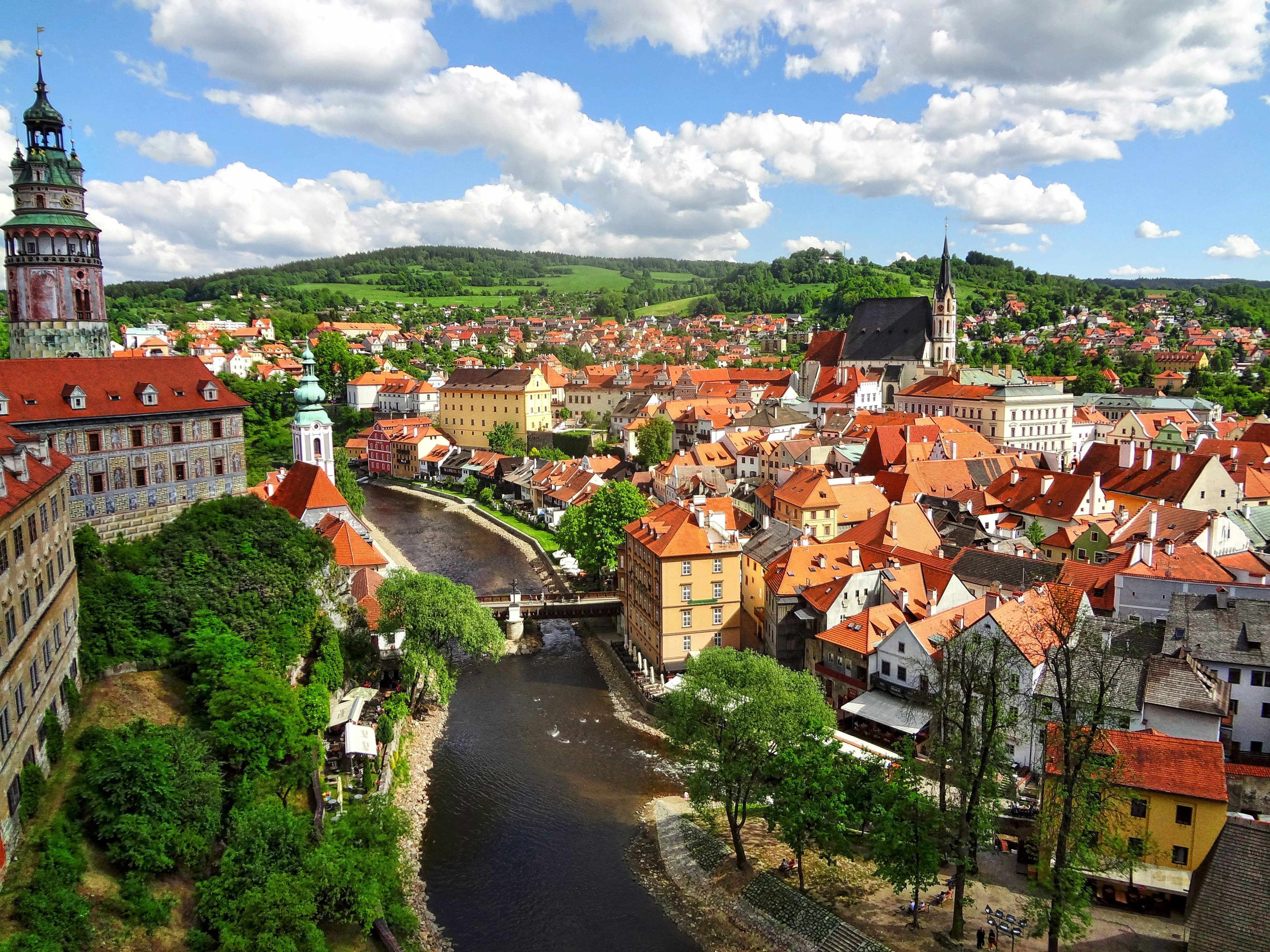 Aerial view of Český Krumlov city with the river in the middle