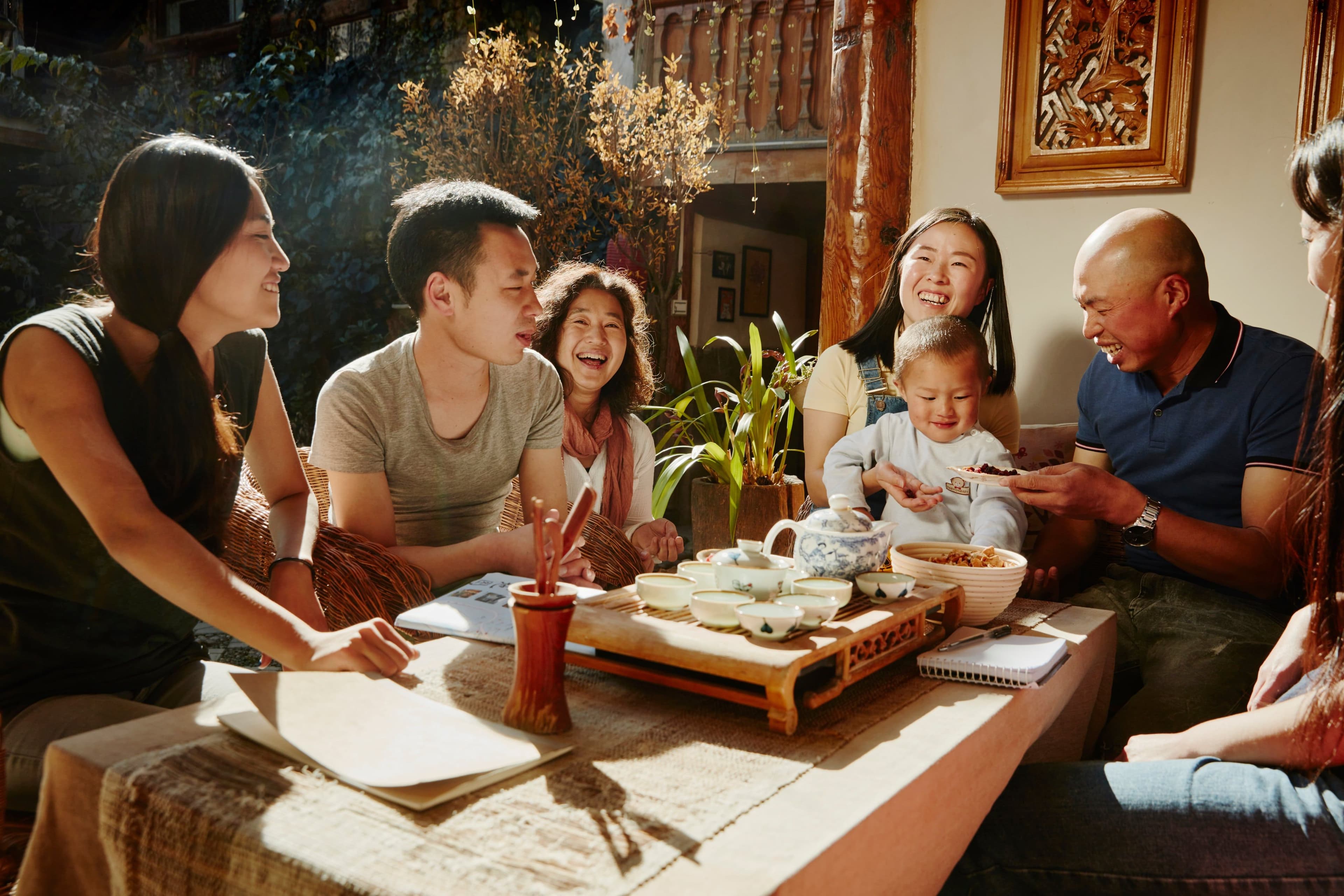 family having lunch on vacation