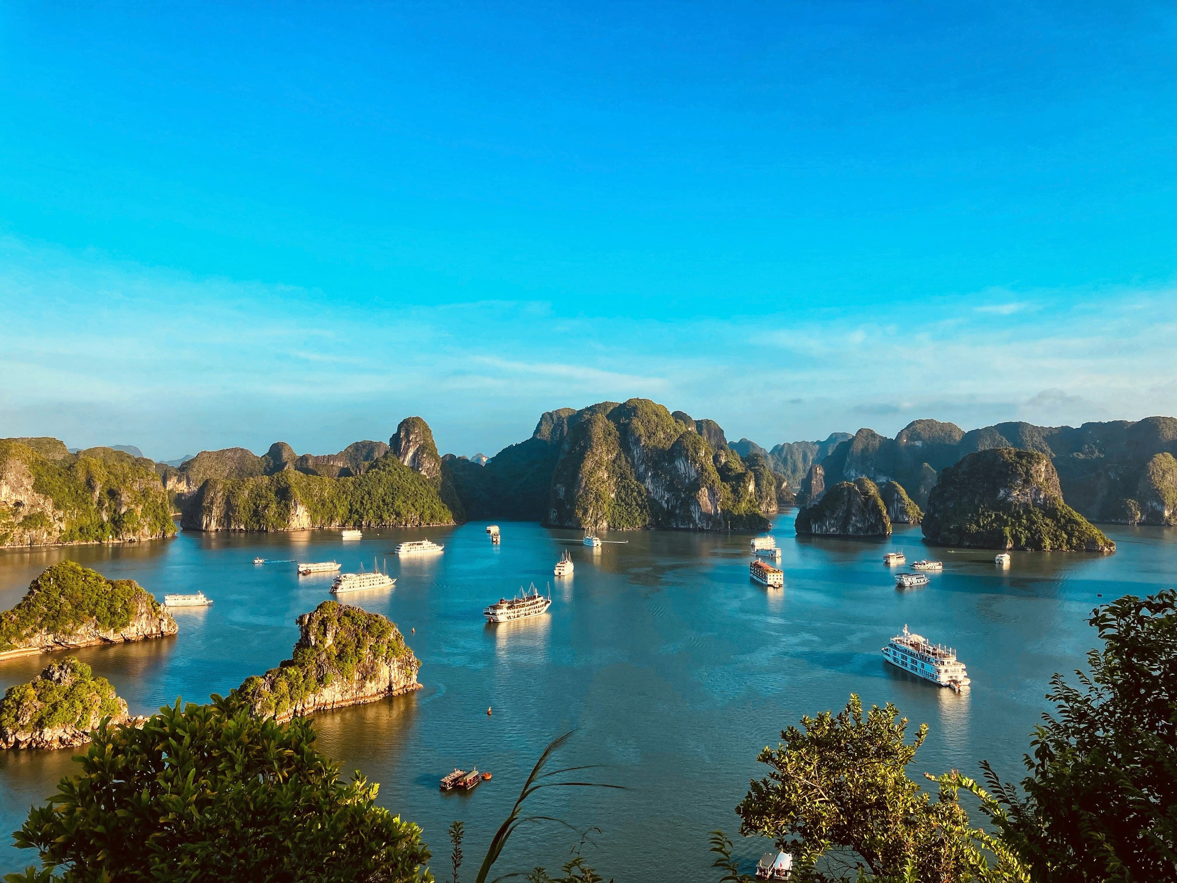 Halong Bay from above, rocks and islands in a blue ocean