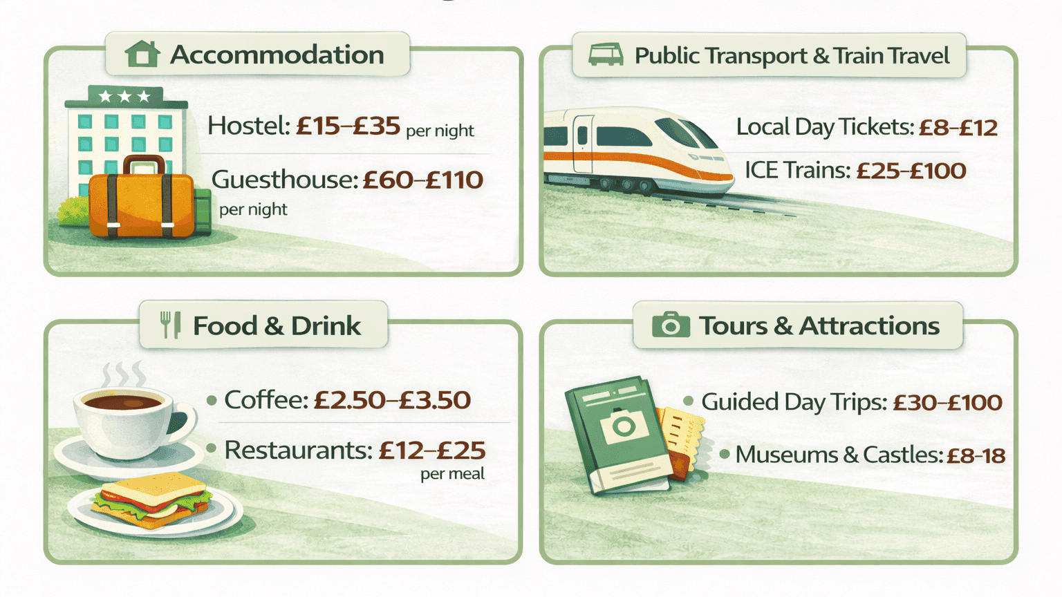 An infographic showing average travel costs in Germany for accommodation, public transport, food, drinks and attractions.