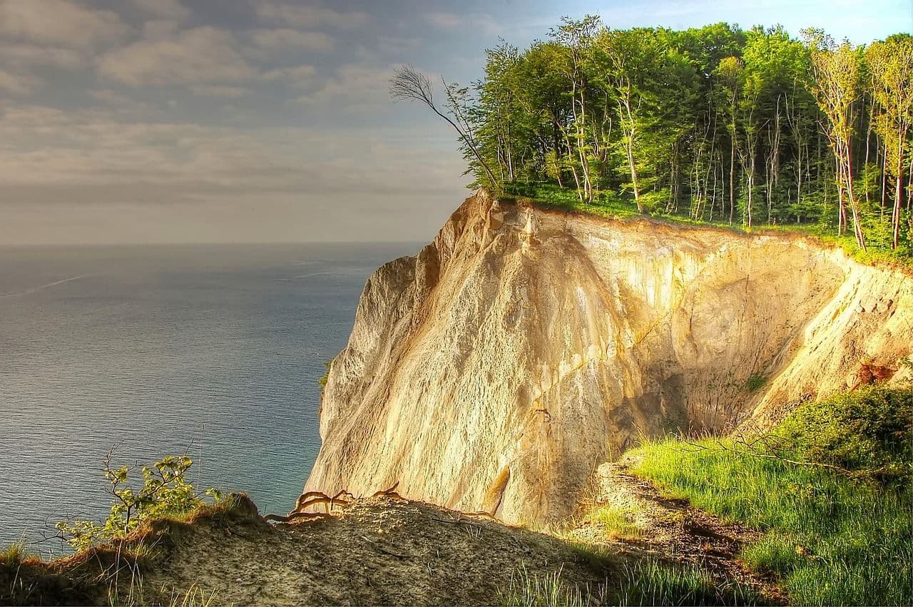 White chalk cliffs at Møns Klint rising above the sea, covered with greenery and overlooking the coastline