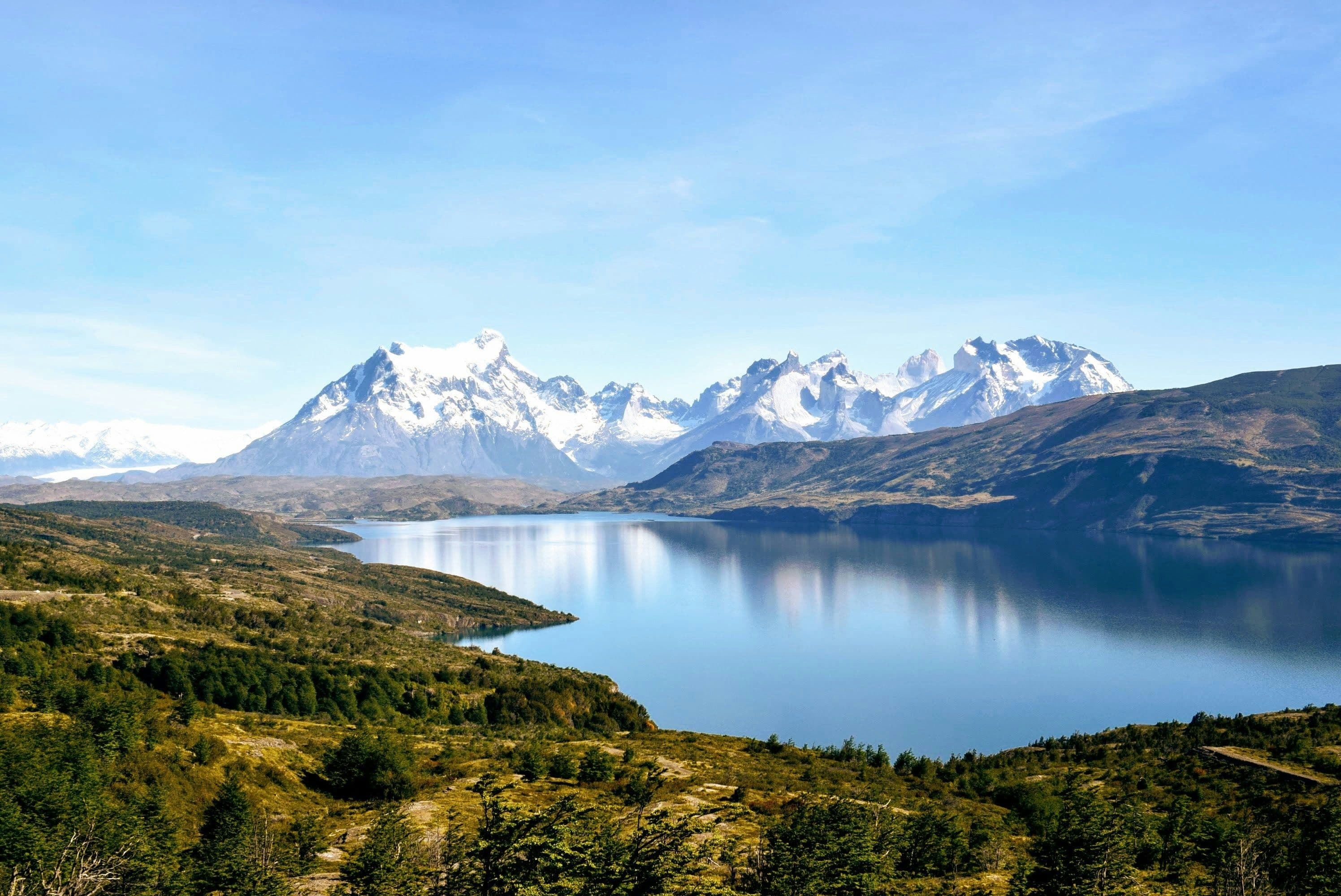 Lake in Patagonia with snow mountains in the background