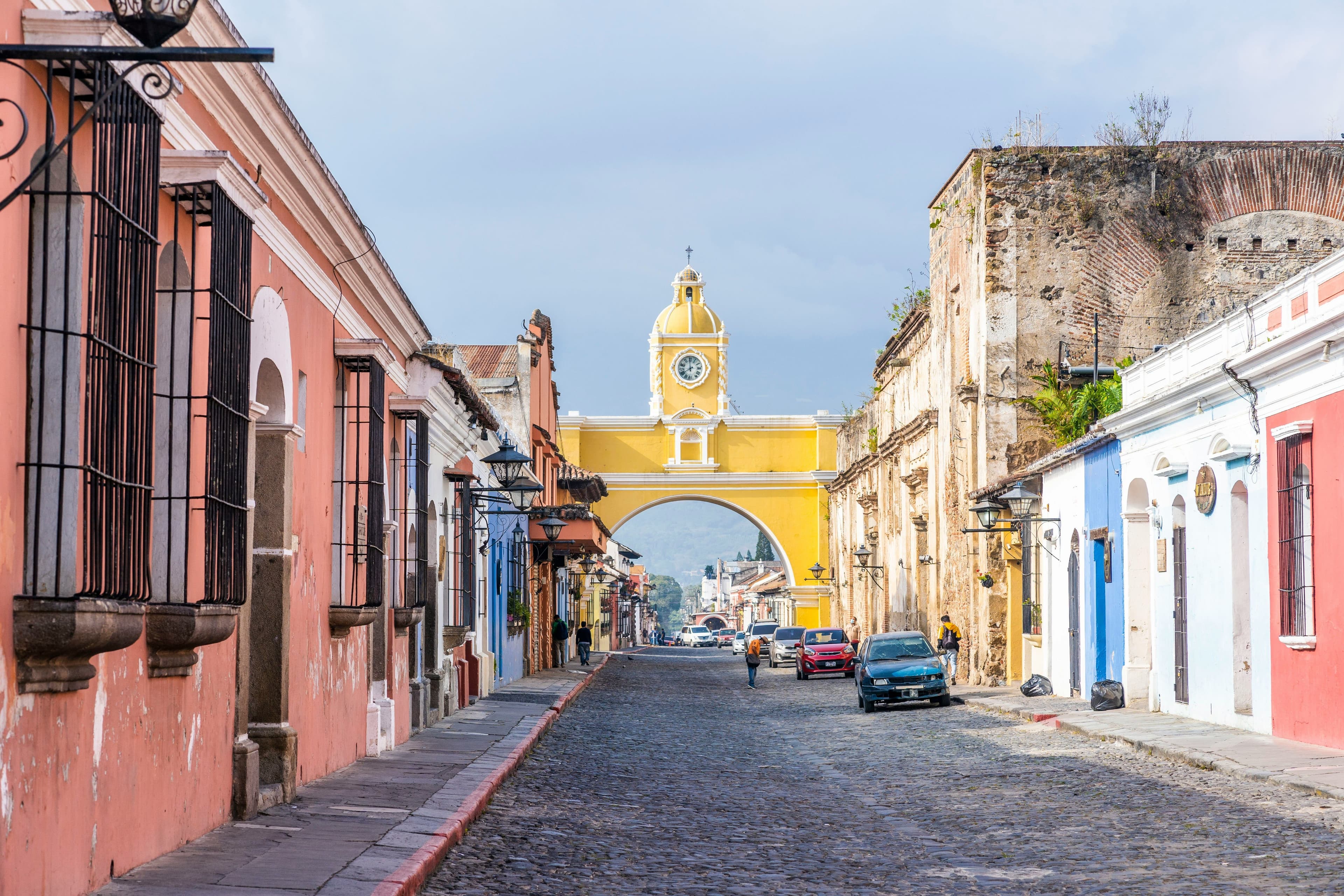 Colorful buildings in empty street in Antigua Guatemala