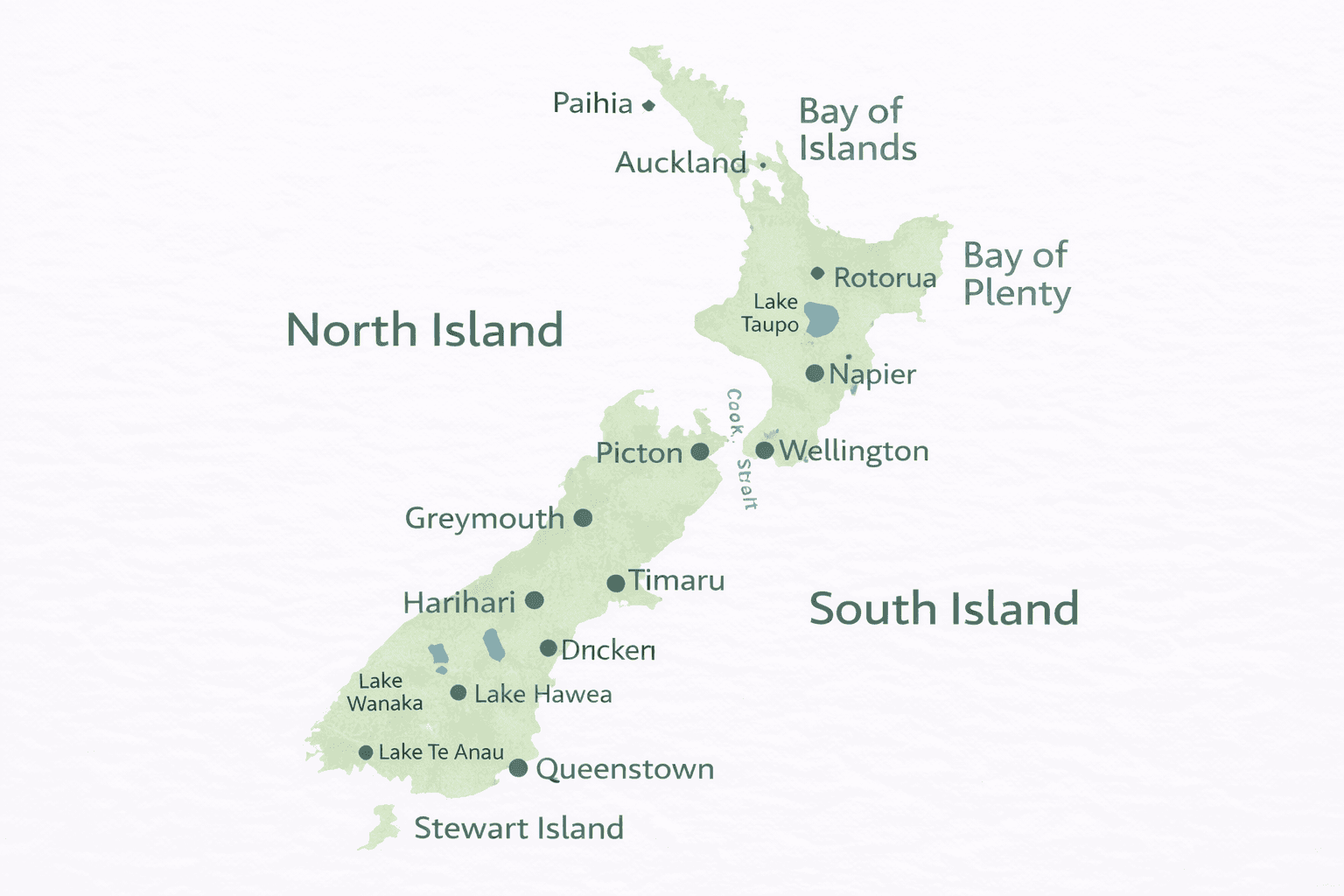 Minimalistic map of north and south island new zealand