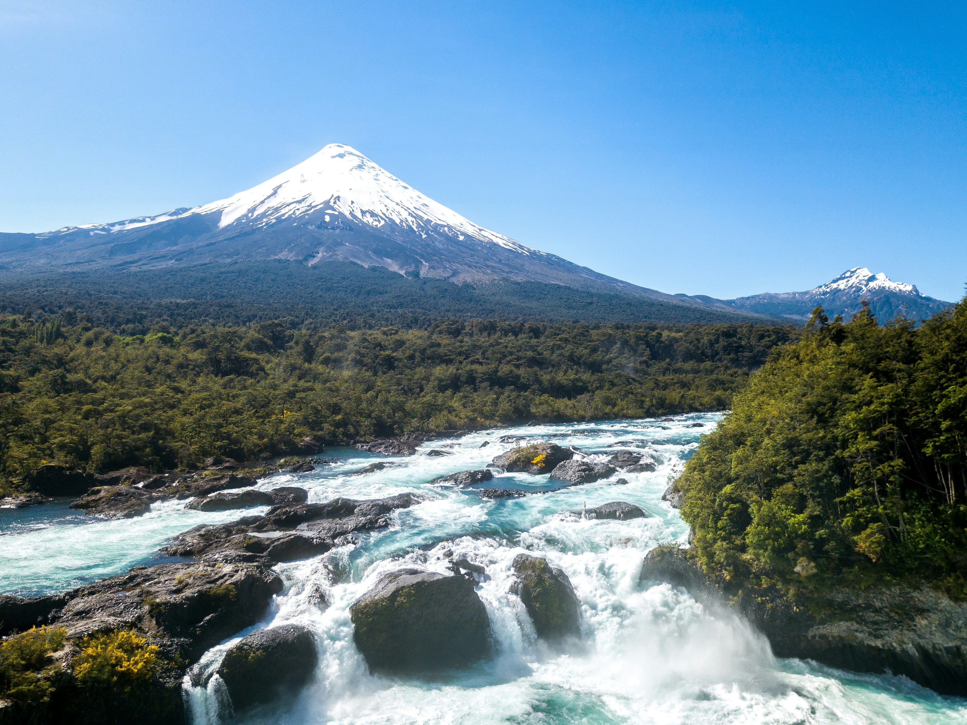 Mountain with snow and river surrounded by green trees