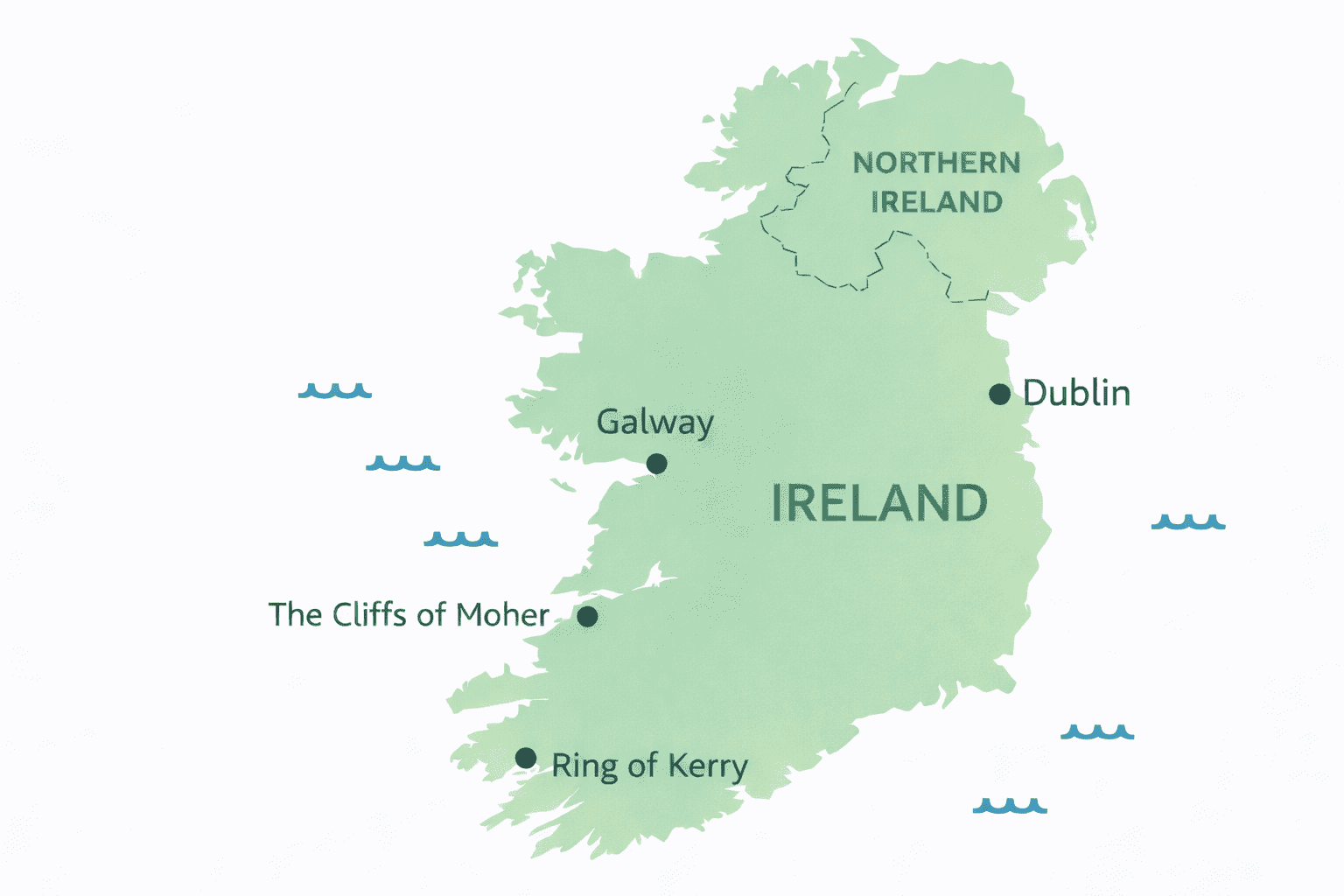 View of green coastal cliffs overlooking the Atlantic Ocean in Ireland, with a stone-lined path along the hillside. The image captures rugged terrain and dramatic sea views typical of Ireland’s west coast.