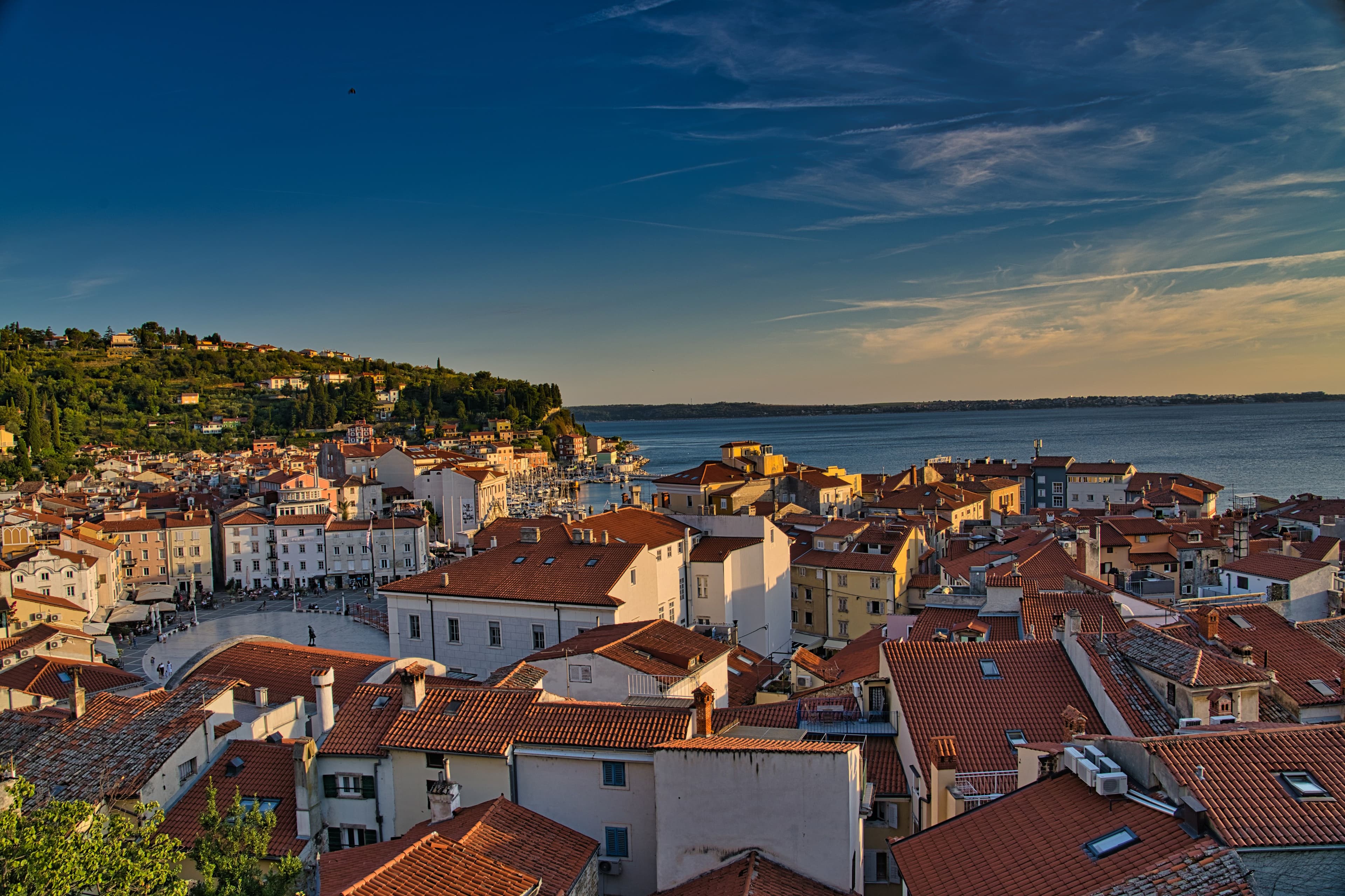 Aerial view of orange rooftops of buildings in Piran during sunset.