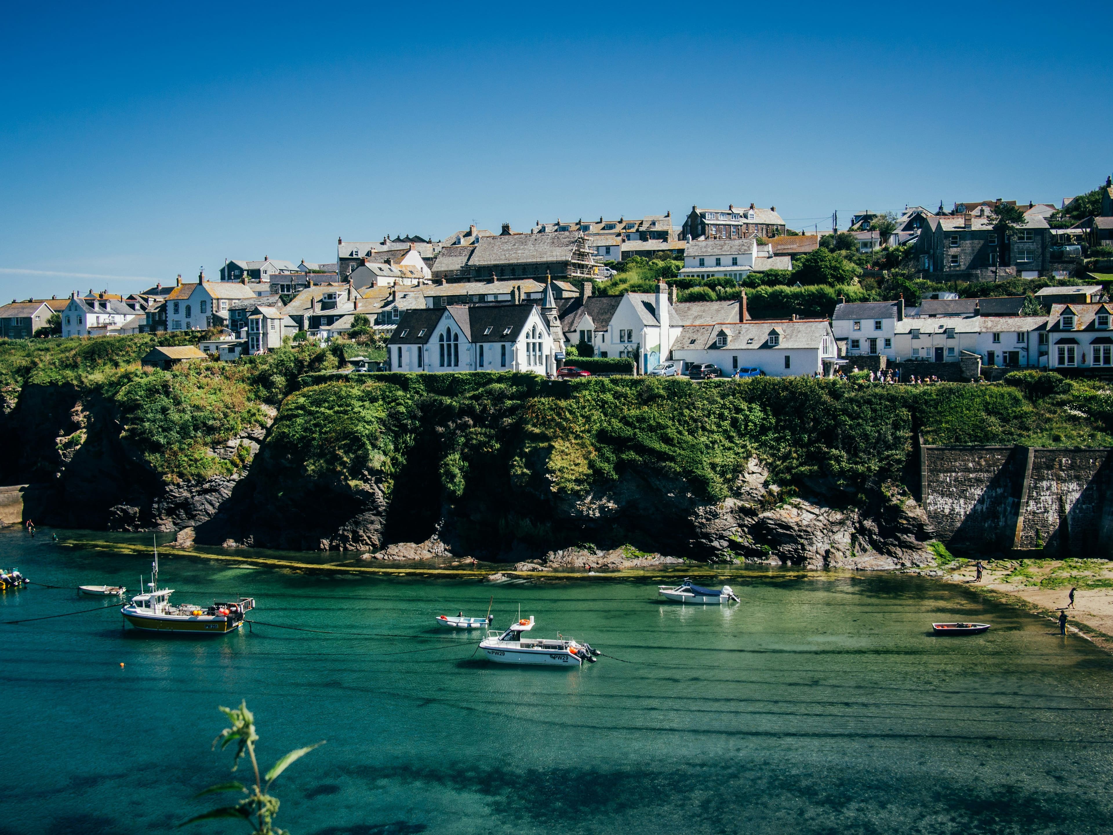 Sea with boats in cornwall UK on a sunny day
