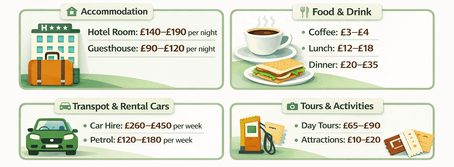 Infographic about Ireland Travel Costs showing a typical daily budget of £110–£160 per person with breakdowns for accommodation, food and drink, transport and activities.