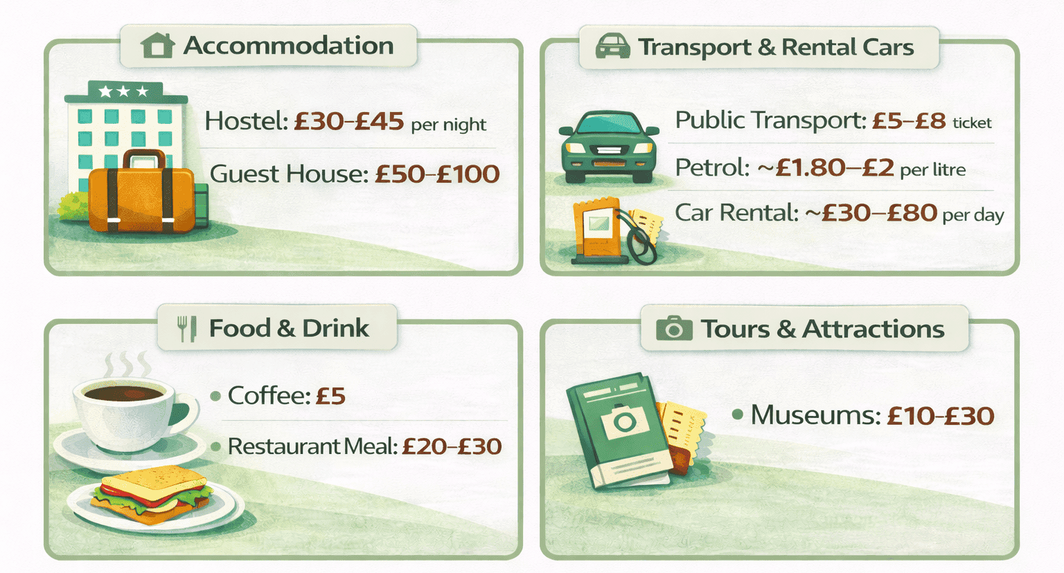 Infographic showing average travel costs in Denmark, including accommodation, transport, food, and museum prices.