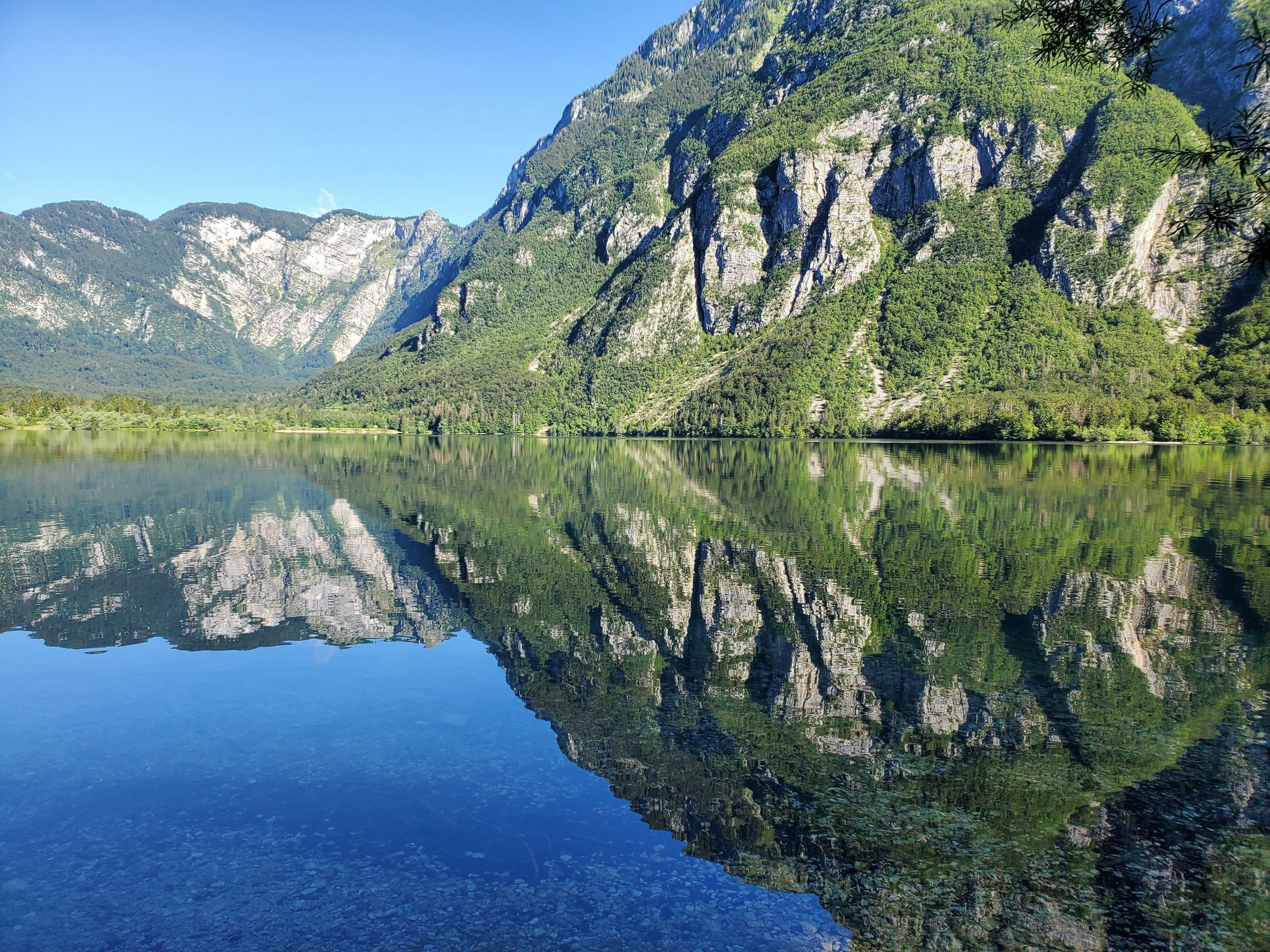Lake with reflection of rocky mountain